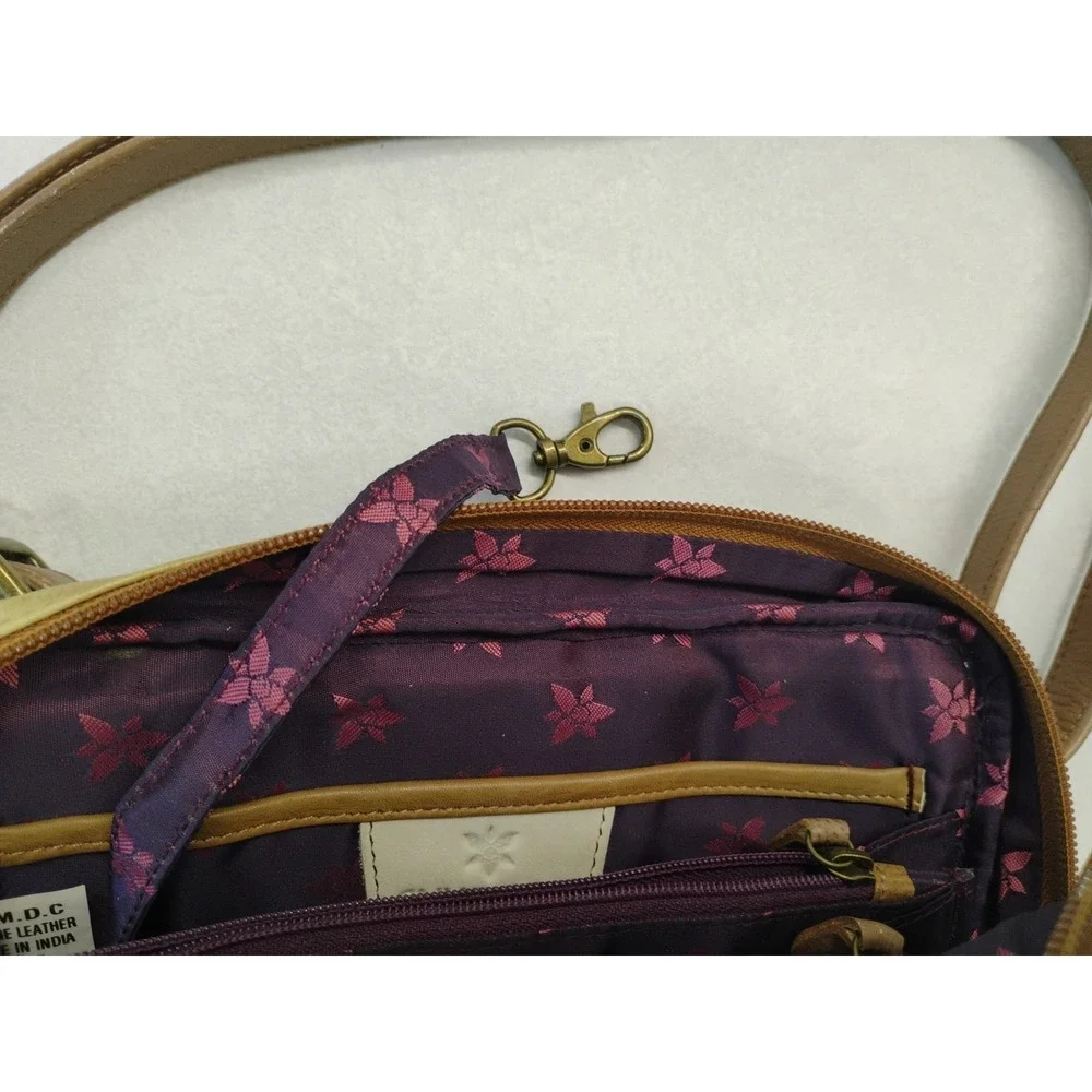 ANUSCHKA Leather Shoulder Bag Hand Painted Colorful Dragonfly & Floral Design‎